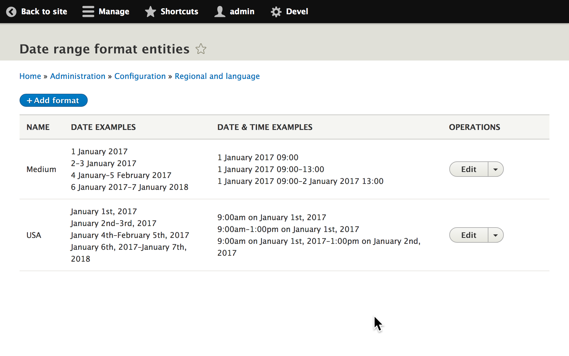 The date and time range configuration page, showing a list of available formats