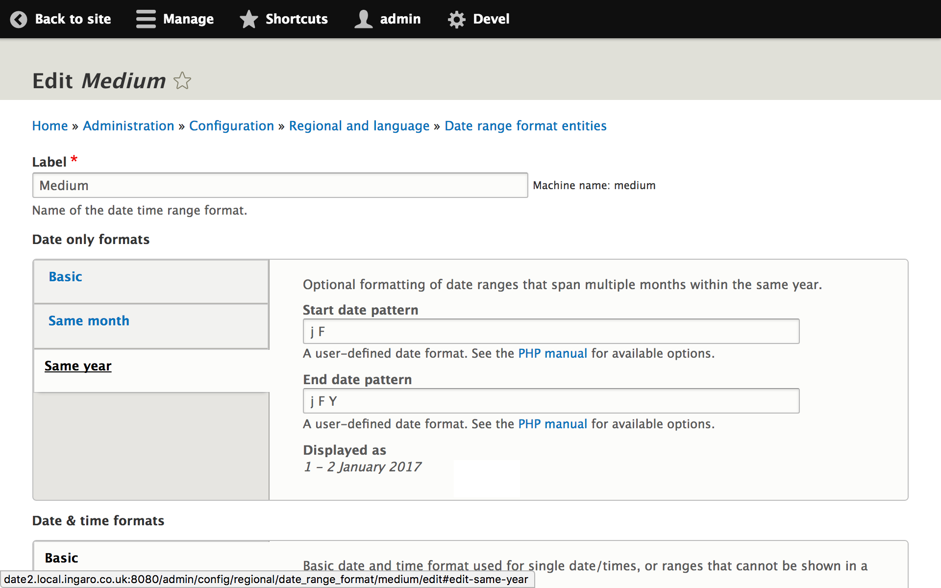 The date and time range configuration page, showing our new format for editing