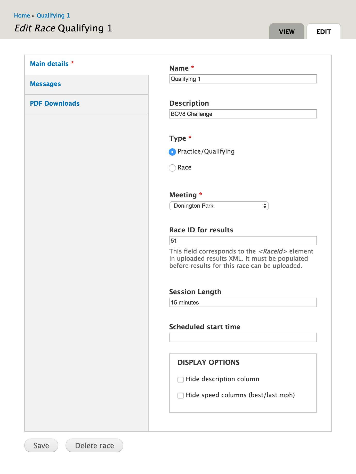 Motorsport results admin interface.